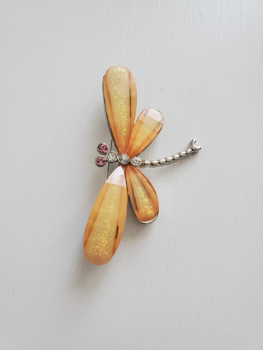Dragonfly Brooch Pin - Champagne Orange Sparkle